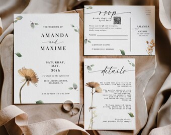 Minimal Wedding Invitation Suite/Wildflowers Wedding Printable/Minimal Flower Wedding Template/ Minimal Calligraphy Wedding Invitation