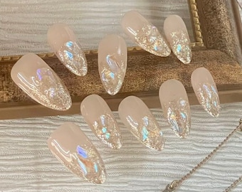 Press On Gel Nails in Almond Stiletto Shape - Sparkling Crystals Handmade False Nails