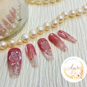 Pink Press on Nails Look- Effortless Camellia Coffin Nails with handmade False Gel nails