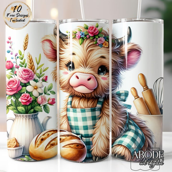 Cute Highland Cow Baker 20 oz Skinny Tumbler Sublimation Design Wrap, Digital Download, Straight Design PNG