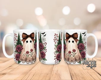 Boho Ghost Mug Wrap PNG: Floral Halloween Coffee Cup Design (Digital Download)