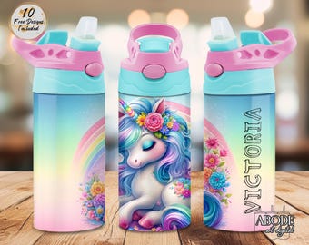 May include: Three water bottles with pink and teal lids. One bottle features a unicorn design with a rainbow and flowers. The other bottle has the name "Victoria" printed vertically. The bottles have a gradient background of pink, blue, and yellow.
