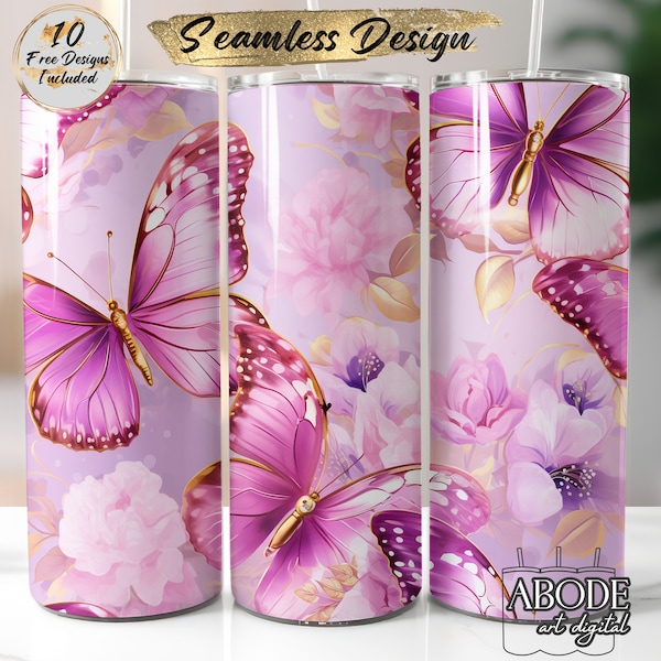 Gold Pink Butterflies 20 oz Skinny Tumbler Sublimation Design Wrap, Seamless, Instant Digital Download PNG, Straight and Tapered