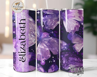 Purple Butterflies Custom Name 20 oz Tumbler Sublimation Design (Digital Download)