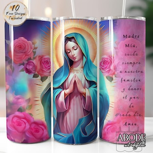 Vaso delgado de 20 oz con diseño de sublimación con diseño floral de la Virgen de Guadalupe, descarga digital instantánea PNG, recto y cónico, oración en español