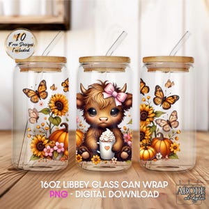 Digital Download, Cute Highland Cow, 16 oz Libbey Glass Wrap, Fall Floral Tumbler Sublimation Design PNG, Glass Can Wrap PNG, Pumpkin Season