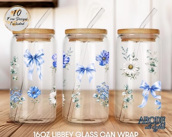 Blue Floral Libbey Glass Can Wrap PNG, 16oz Coquette Bow Wildflower Cup Design, Watercolor Daisy Sublimation Download
