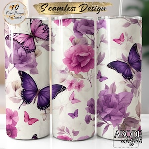 Butterfly Tumbler Sublimation Design: Pink & Purple Floral Wrap (Digital Download)