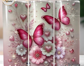 Pink Butterflies & Hearts Tumbler Wrap: Floral Sublimation Design (Digital Download)