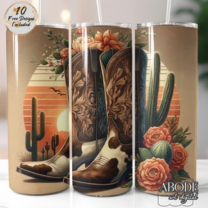 Western Cowboy Boots Tumbler Wrap, 20 oz Skinny Tumbler Sublimation Design Wrap, Digital Download, Straight Design PNG, Boho Desert