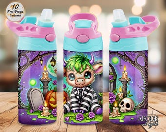 Spooky Highland Cow Tumbler Wrap: Kids Sippy Cup Sublimation Design (Digital Download)