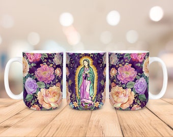 May include: White ceramic mug featuring a floral design with pink, purple, and yellow roses on a dark purple background. The central image depicts a religious figure in a colorful robe.