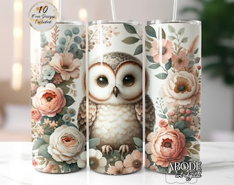Design de sublimação para copo floral de coruja: embalagem skinny de 20 oz (download digital)