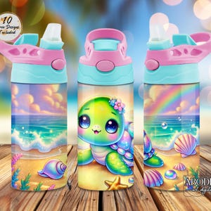 Uroczy żółw morski 12 oz Tumbler Wrap PNG, Beach Ocean Summer Kids Sippy Cup, Flip Top Straight Sublimation Wrap, Digital Download