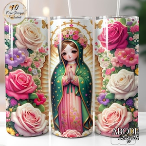 Envoltura para vaso Chibi Virgen de Guadalupe, diseño de sublimación recto y delgado de 20 oz, descarga digital instantánea PNG, Virgen de Guadalupe