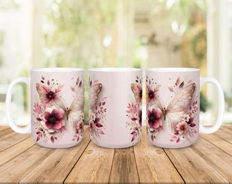 Pink Gold Butterfly Mug Wrap: Floral Coffee Cup Sublimation Design (Digital Download)