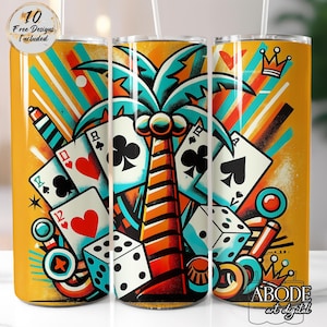 Cartes de poker tropicales et dés, emballage de verre PNG, 20 oz mince droite Sublimation Design téléchargement numérique Cup Art, emballage de verre d'été