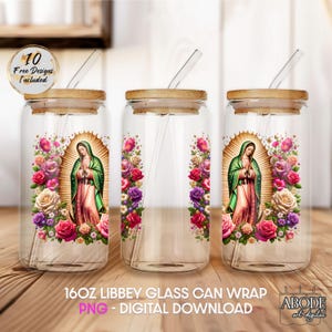 Virgen de Guadalupe PNG: Catholic Floral Glass Can Wrap (Digital Download)