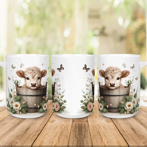 Cute Highland Cow Mug Design, 11oz & 15oz PNG Sublimation Digital Download, Adorable Cow in Flowers Mug Wrap, Farm Animal Mug Sublimation