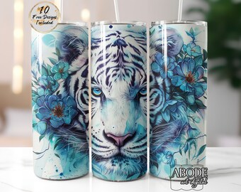 Embalagem para copo floral White Tiger: design fino de sublimação de 20 oz (download digital)