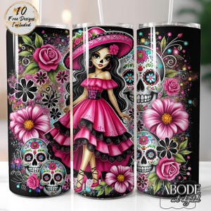 Envoltura para vaso con motivo del Día de los Muertos mexicano, envoltura con diseño de sublimación para vaso delgado de 20 oz, descarga digital, diseño recto PNG, rosa