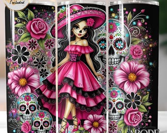 Mexican Day of the Dead Tumbler Wrap, 20 oz Skinny Tumbler Sublimation Design Wrap, Digital Download, Straight Design PNG, Pink