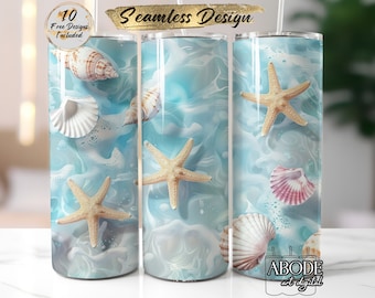 Beach Tumbler Wrap: Starfish Seashells Seamless Design (Digital Download)