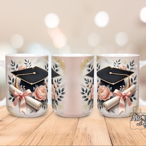 Envoltura para taza de graduación PNG, descarga digital instantánea de 11 oz y 15 oz, envoltura floral para taza de diploma, diseño imprimible de sublimación de graduación