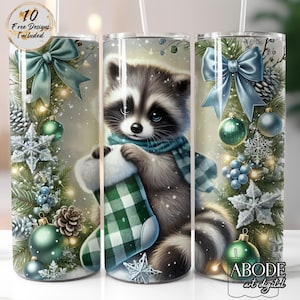Christmas Raccoon Tumbler Wrap, 20oz Skinny Straight PNG Sublimation Design, Green Stocking & Ornaments Holiday Digital Download