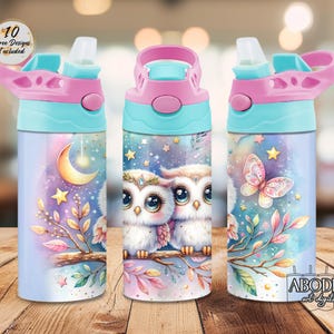 Lindos búhos, vaso para niños de 12 oz, envoltura PNG recta, envoltura con diseño de sublimación para niños, descarga digital, tapa abatible para niños, vaso para beber con cielo nocturno y estrellas
