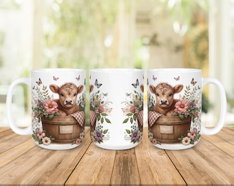 Highland Cow Floral Mug Design, 11oz & 15oz Mug Sublimation PNG Digital Download, Cute Baby Cow with Flowers, Farmhouse Rustic Mug Wrap