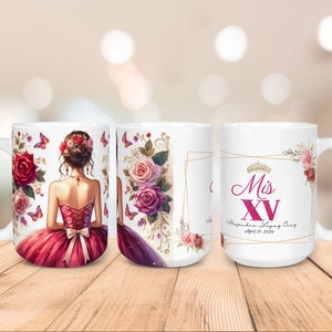 Taza envolvente para quinceañera, Mis 15 recuerdos, diseño de taza envolvente, sublimación de 11 oz y 15 oz, descarga digital PNG, agregue su texto