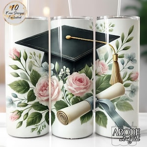 Birrete de graduación y diploma de 20 oz, vaso delgado PNG, descarga digital, diseño de sublimación recta con vegetación floral, elegante graduado