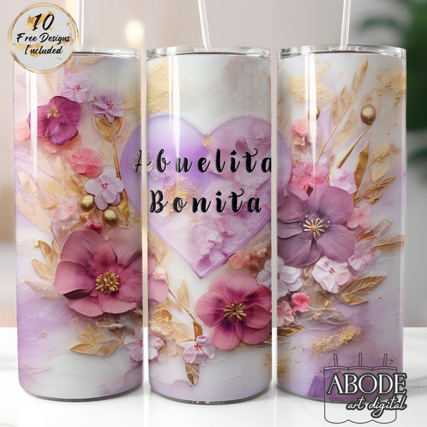 Abuelita Bonita 20 oz Skinny Tumbler Sublimation Design Wrap, Instant Digital Download PNG, Straight & Tapered, Gift For Her, Spanish, Heart