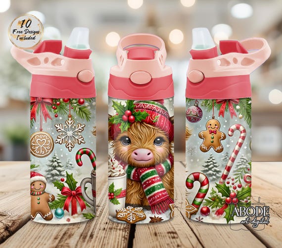 Christmas Highland Cow Tumbler Wrap: Kids Sippy Cup Design (PNG Digital Download)