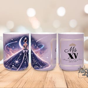 Descarga digital PNG de envoltorio para taza de quinceañera, Mis 15 recuerdos, diseño de taza envolvente de noche estrellada para sublimación de 11 oz y 15 oz, agregue su texto