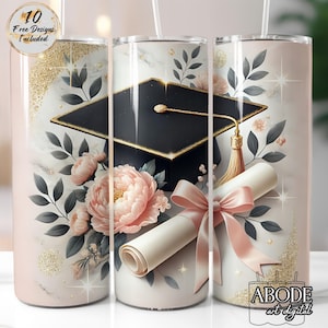 Elegante vaso delgado de graduación de 20 oz, descarga digital PNG, diseño de sublimación recto con brillo dorado floral para diploma de birrete, elegante graduación