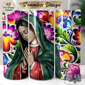 Diseño de sublimación para vaso delgado de 20 oz sin costuras Virgen de Guadalupe, descarga digital, diseño PNG recto sin costuras, patrón de Talavera