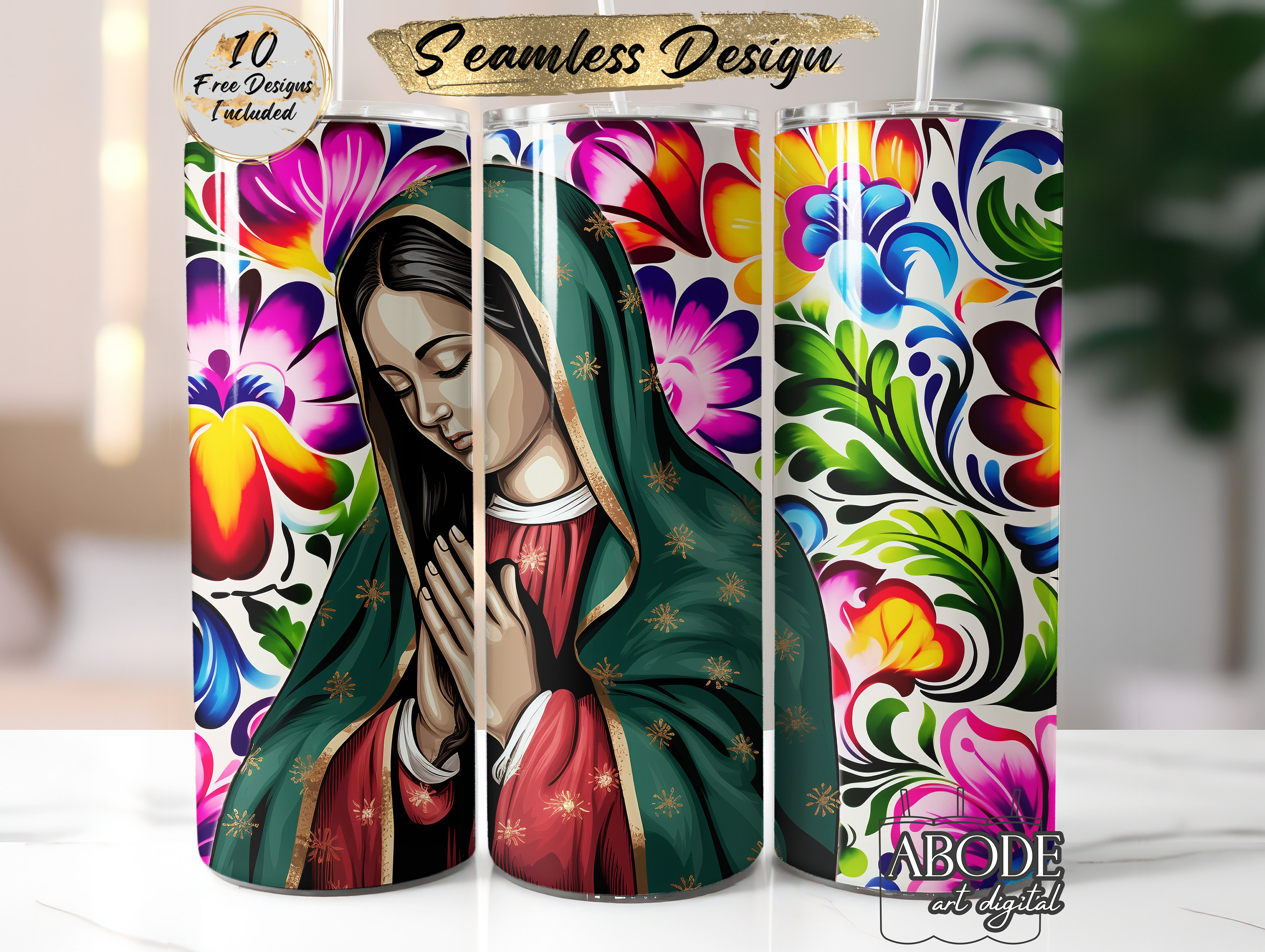 Virgen de Guadalupe Tumbler Sublimation Design: Seamless Talavera Pattern (Digital Download)