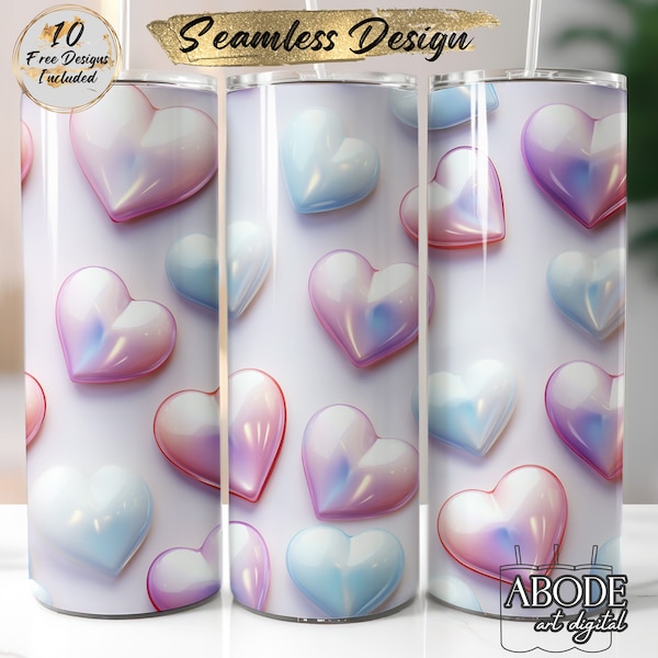 3D Pastel Hearts Seamless 20 oz Skinny Tumbler Sublimation Design Wrap, Instant Digital Download PNG, Straight & Tapered