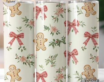 Christmas Tumbler Wrap PNG: Gingerbread & Bows Design (Digital Download)