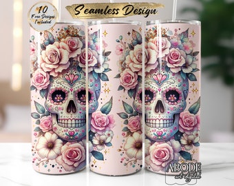 Sugar Skulls, Day of the Dead Floral 20oz Skinny Tumbler Wrap, Digital Download PNG, Straight Sublimation Design, Pink Flowers