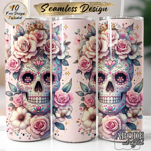 Sugar Skulls, Day of the Dead Floral 20oz Skinny Tumbler Wrap, Digital Download PNG, Straight Sublimation Design, Pink Flowers