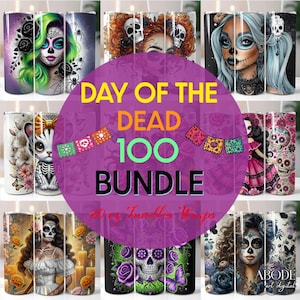 Paquete de 100 vasos delgados de 20 oz con diseño de sublimación del Día de los Muertos, descarga digital del Día de los Muertos, envoltura de vaso recta y cónica PNG