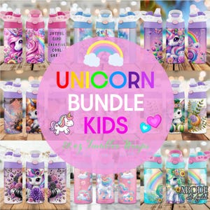 May include: A collection of colorful water bottles with unicorn designs. The bottles feature various unicorn graphics, rainbows, and floral patterns. The text "UNICORN BUNDLE KIDS" is displayed in a pink circle. The bottles are 16 oz.