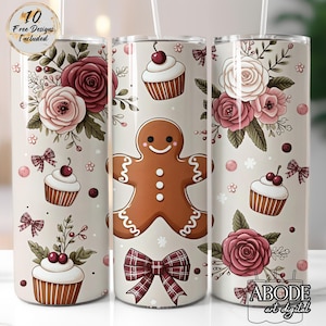 Gingerbread Man Tumbler Wrap, 20oz Skinny Straight Design, Christmas Cupcake & Floral PNG Digital Download, Holiday Sublimation PNG