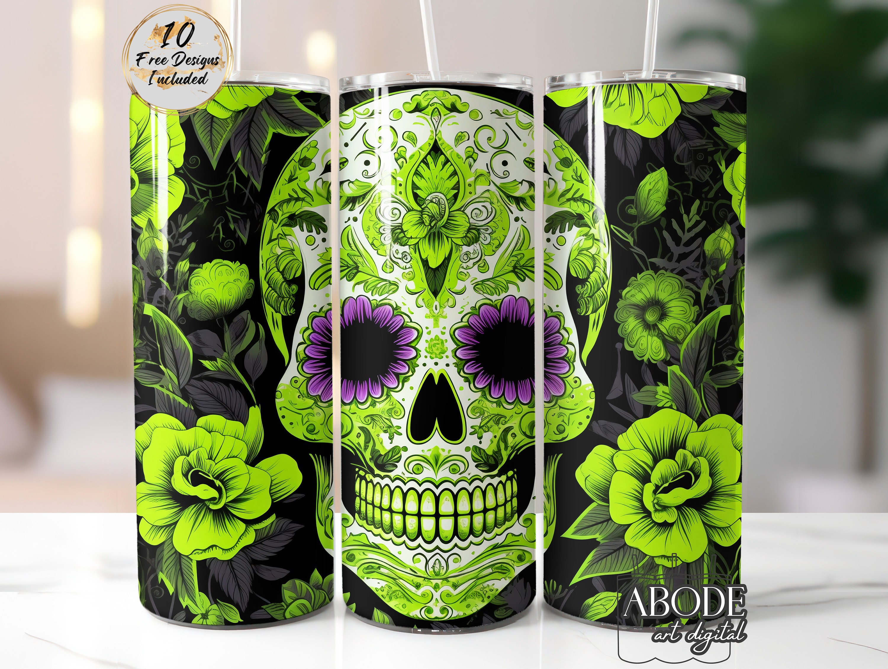 Neon Sugar Skull Tumbler Wrap: Spooky Green Floral Design (Digital Download)