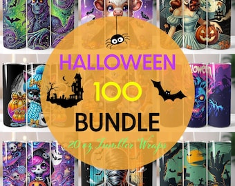 May include: A collection of 20 oz. tumbler wraps with Halloween-themed designs. The wraps feature various spooky illustrations, including zombies, bats, pumpkins, and a mummy. The text "Halloween 100 Bundle" is displayed in the center.