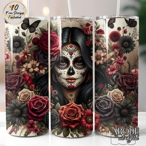 Emballage de gobelet tête de mort en sucre mexicain, le jour des morts 20 oz gobelet skinny Sublimation Design Wrap, téléchargement numérique, conception droite PNG, roses