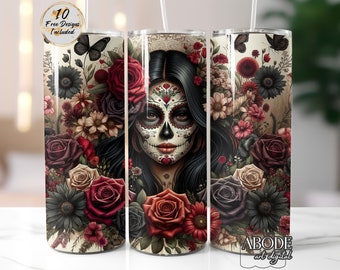 Mexican Sugar Skull Tumbler Wrap, Day of the Dead 20 oz Skinny Tumbler Sublimation Design Wrap, Digital Download, Straight Design PNG, Roses
